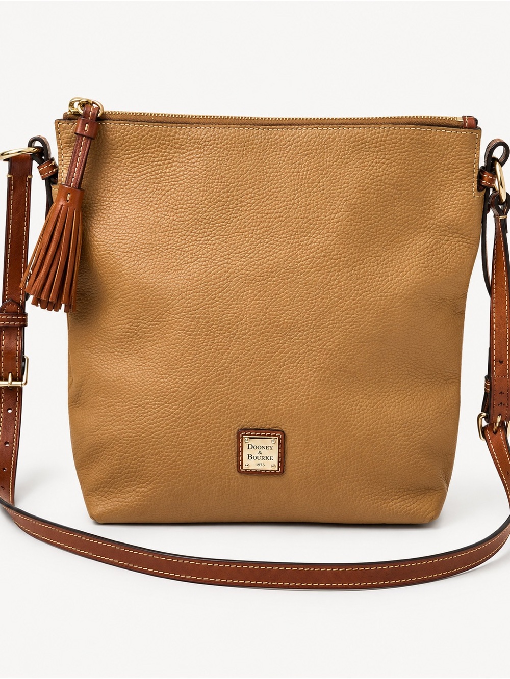 Dooney & Bourke Pebbled Leather Crossbody Shoulder Bag Tan Brown Tassel